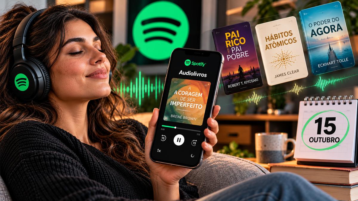 Mulher de olhos fechados, com fones de ouvido, segura celular com a tela de audiolivros do Spotify, ao lado de capas de livros e de um calendário marcado com o dia 15 de outubro