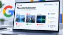 Ilustração de notebook com uma tela de detector de conteúdo de IA, com painéis para imagem, vídeo e áudio e o logotipo do Google ao fundo