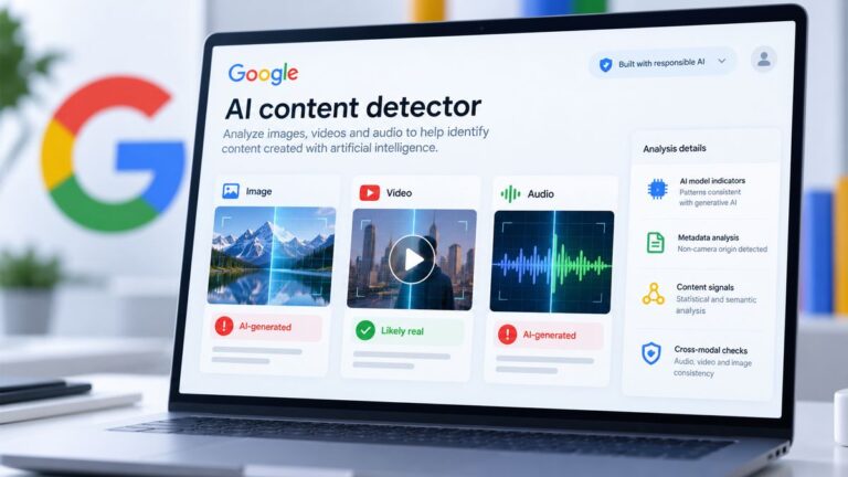 Ilustração de notebook com uma tela de detector de conteúdo de IA, com painéis para imagem, vídeo e áudio e o logotipo do Google ao fundo