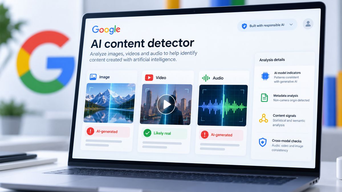 Ilustração de notebook com uma tela de detector de conteúdo de IA, com painéis para imagem, vídeo e áudio e o logotipo do Google ao fundo