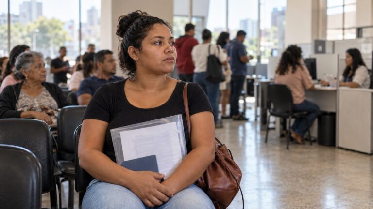 Mulher com currículo aguarda atendimento em posto de vagas de emprego na região de Santana de Parnaíba