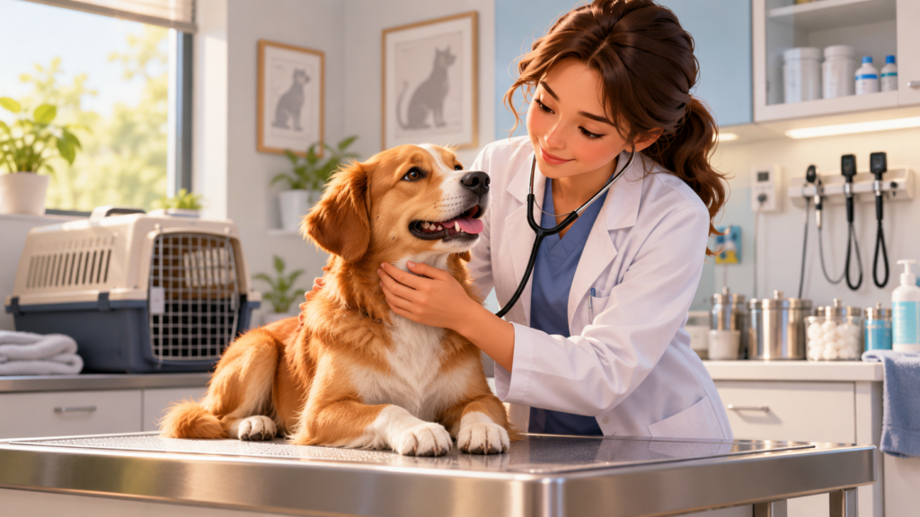 Ilustração genérica gerada por IA para o segmento Clínica veterinária; não representa a unidade real de Veterinária São Pedro.
